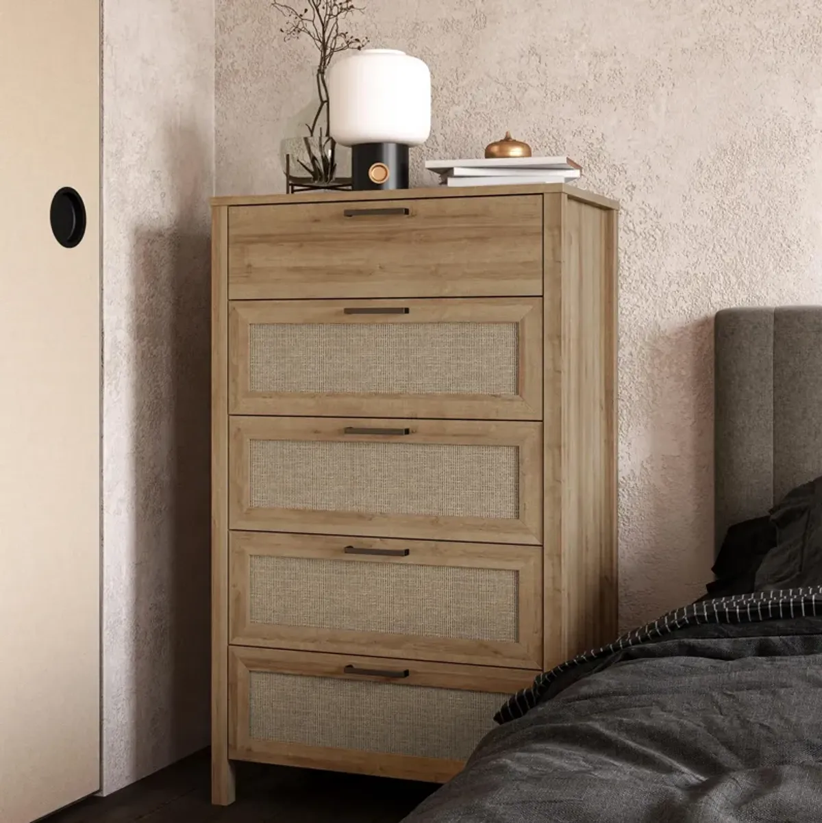 Amberly Rattan 5 Drawer Dresser