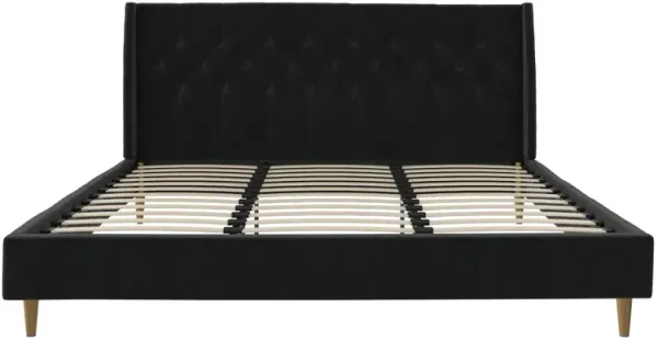 Her Majesty Wingback Bed with a Button Tufted Headboard and Tapered Wood Legs