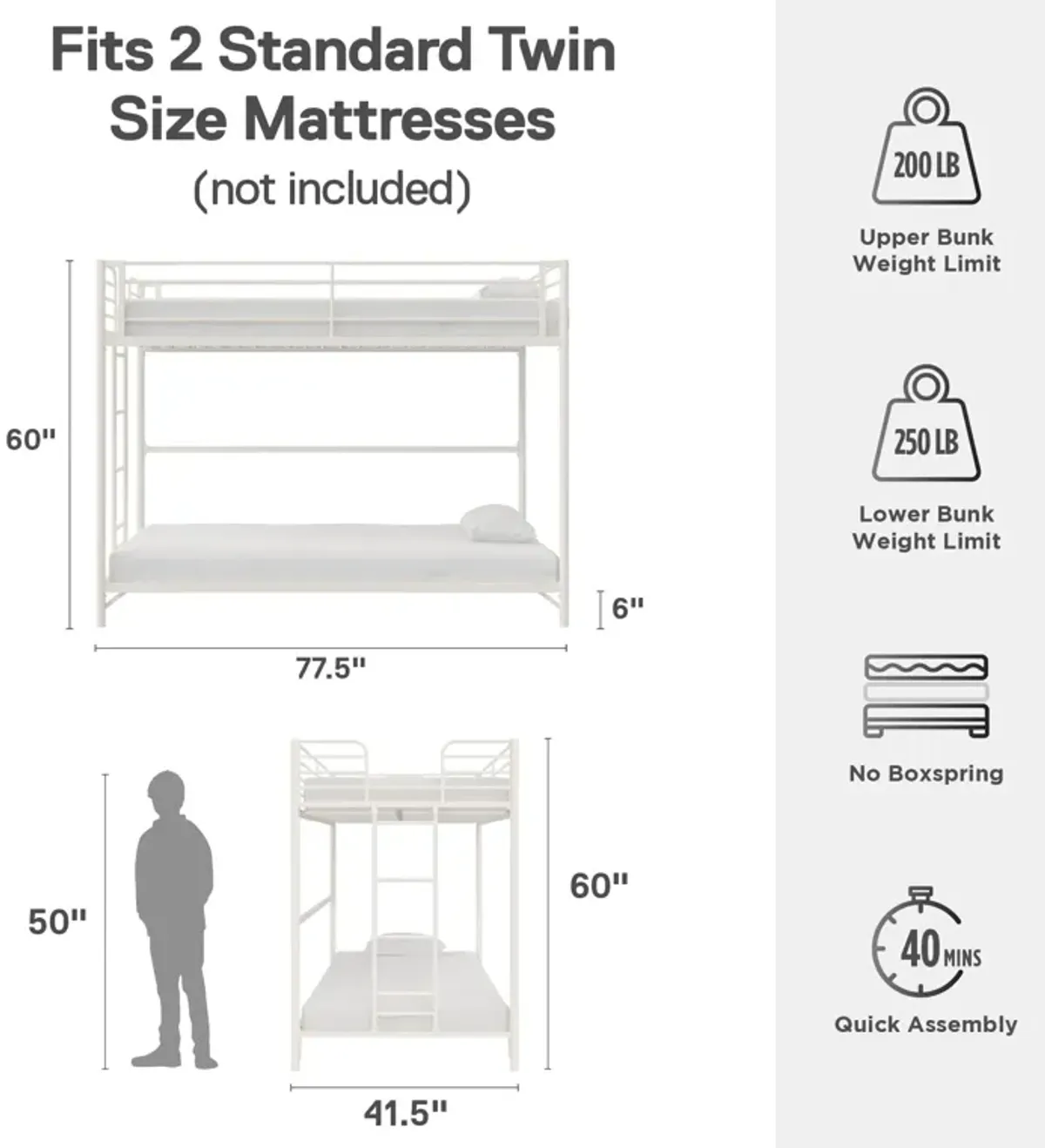 BrEZ Build Collection Easy Assembly Kids Metal Bunk Bed