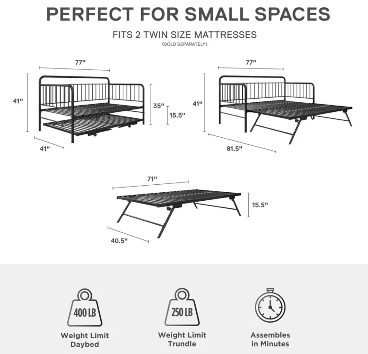 Oddny Metal Daybed with Pop Up Trundle Bed