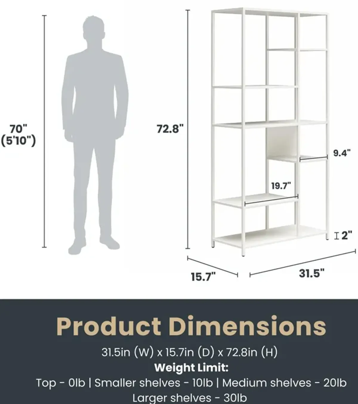 Shadwick Metal Bookcase with Six Variating-Sized Shelves