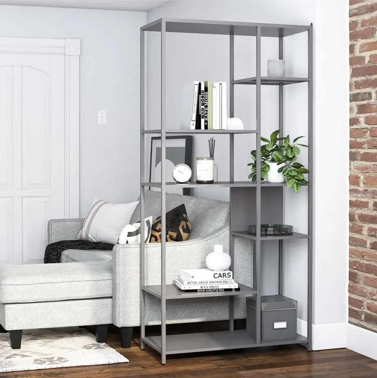 Shadwick Metal Bookcase with Six Variating-Sized Shelves