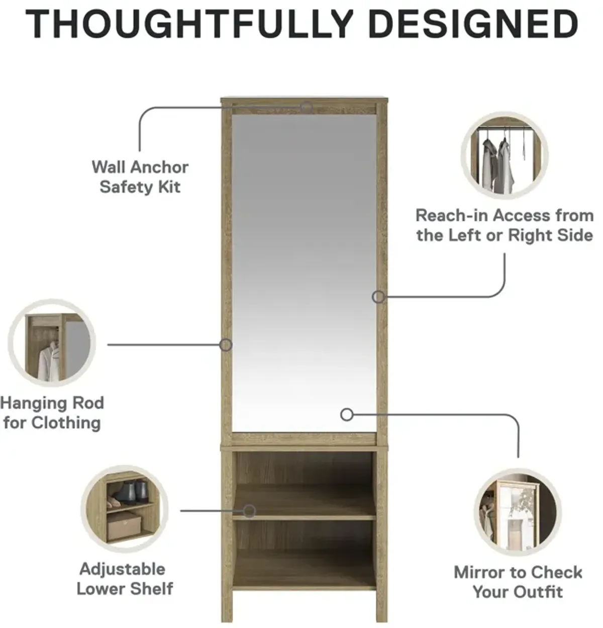 Amberly Wardrobe with Mirror, Clothing Bar and 3 Shelves