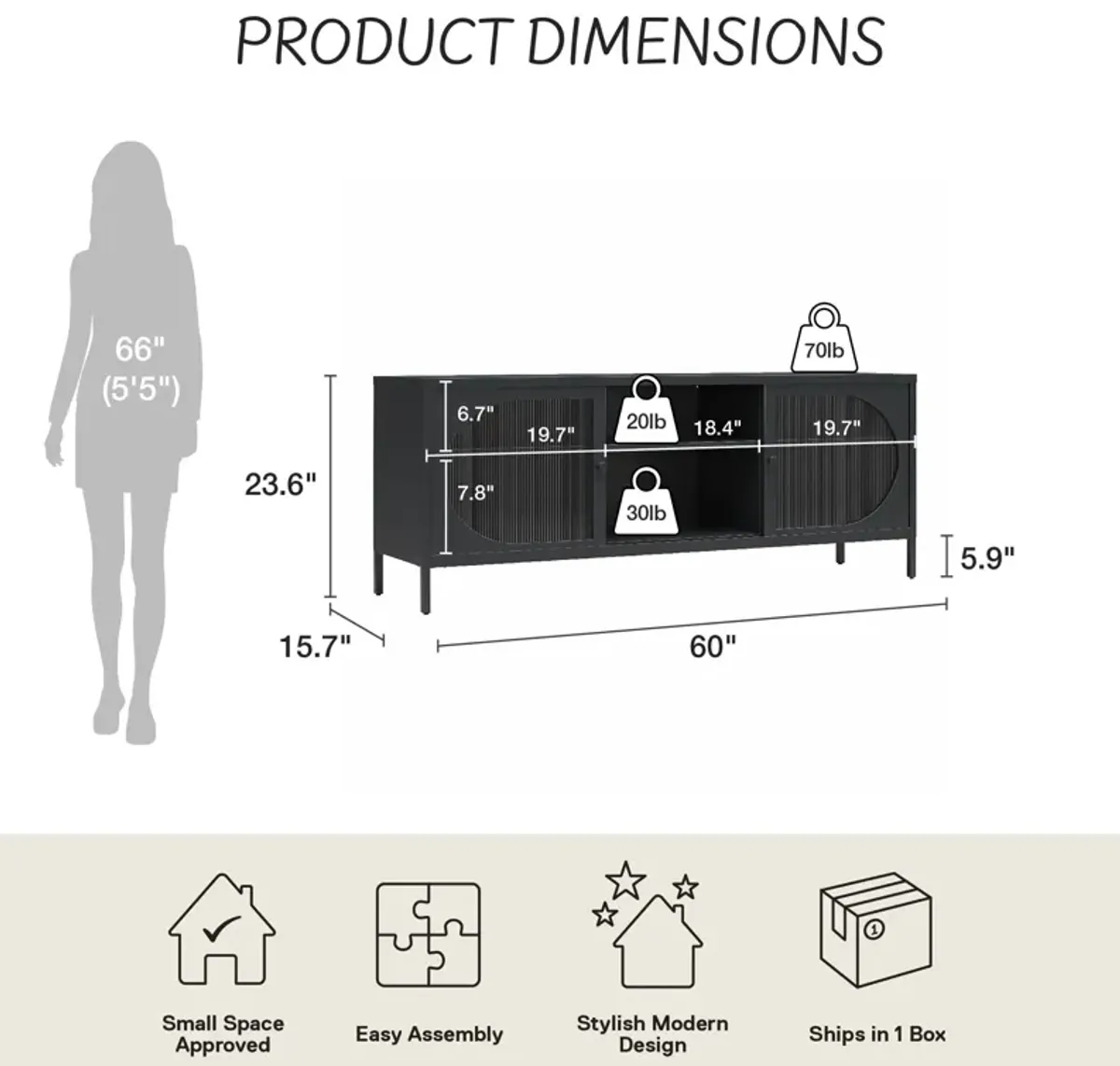 Luna Metal TV Stand with Fluted Glass for 65" TVs