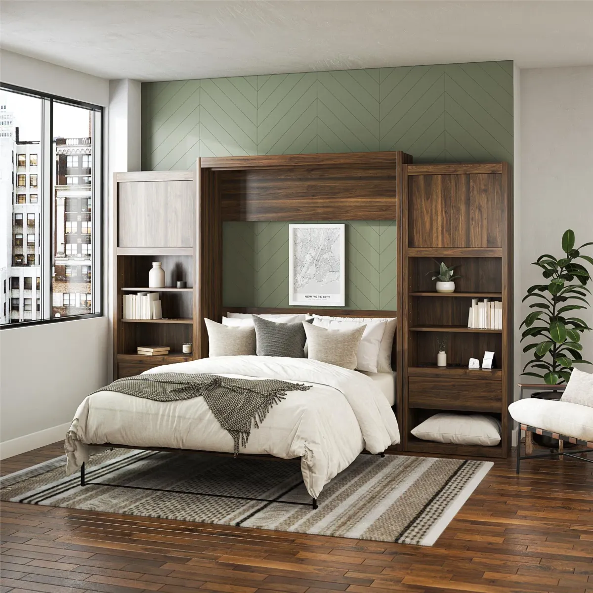 Paramount Murphy Bed with 2 Bedside Bookcase Cabinets & Slide-Out Nightstands