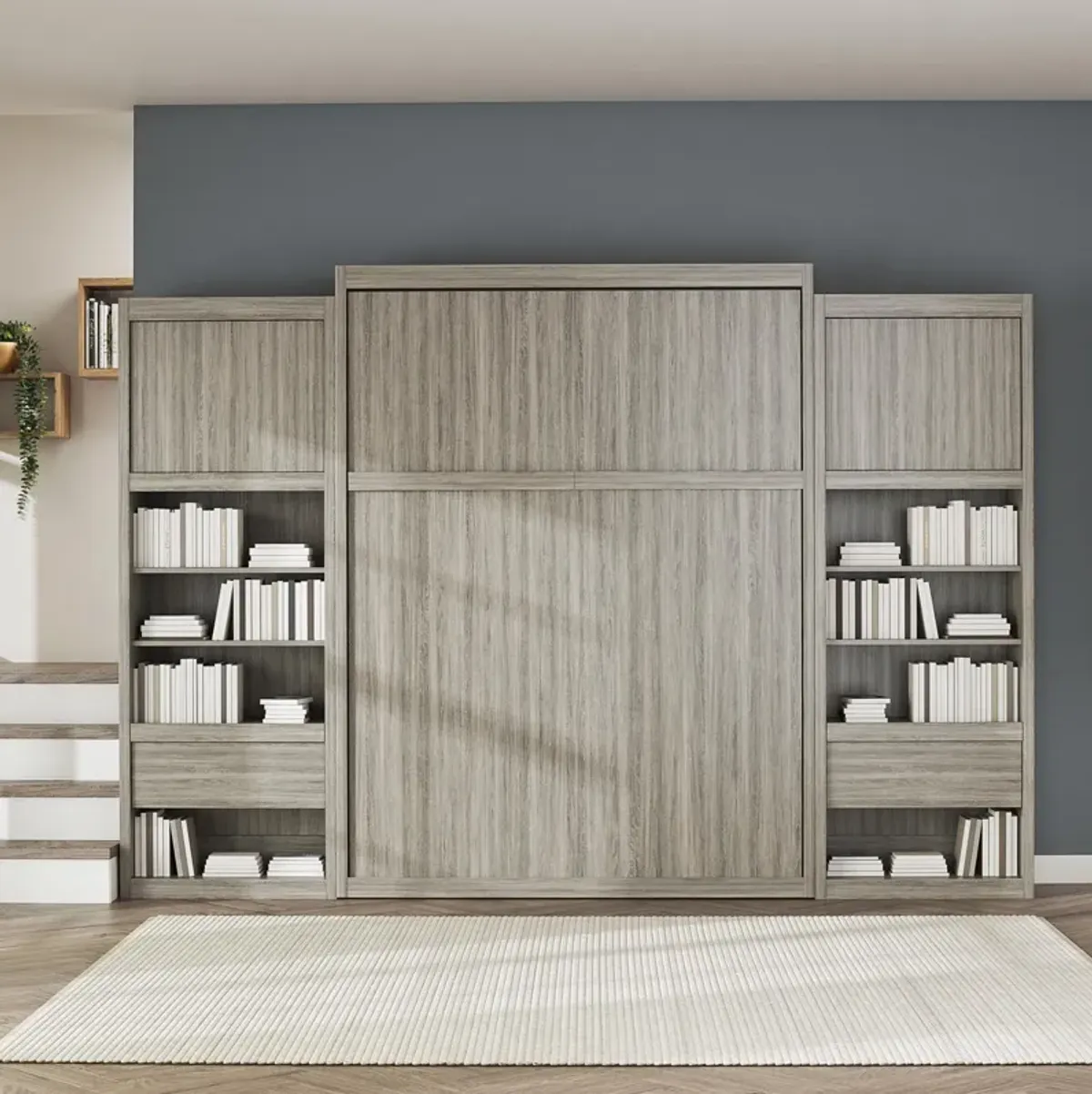 Paramount Murphy Bed with 2 Bedside Bookcase Cabinets & Slide-Out Nightstands