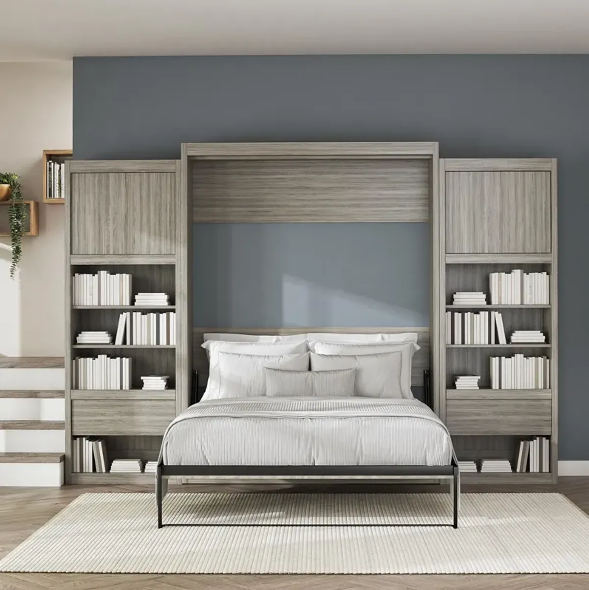 Paramount Murphy Bed with 2 Bedside Bookcase Cabinets & Slide-Out Nightstands