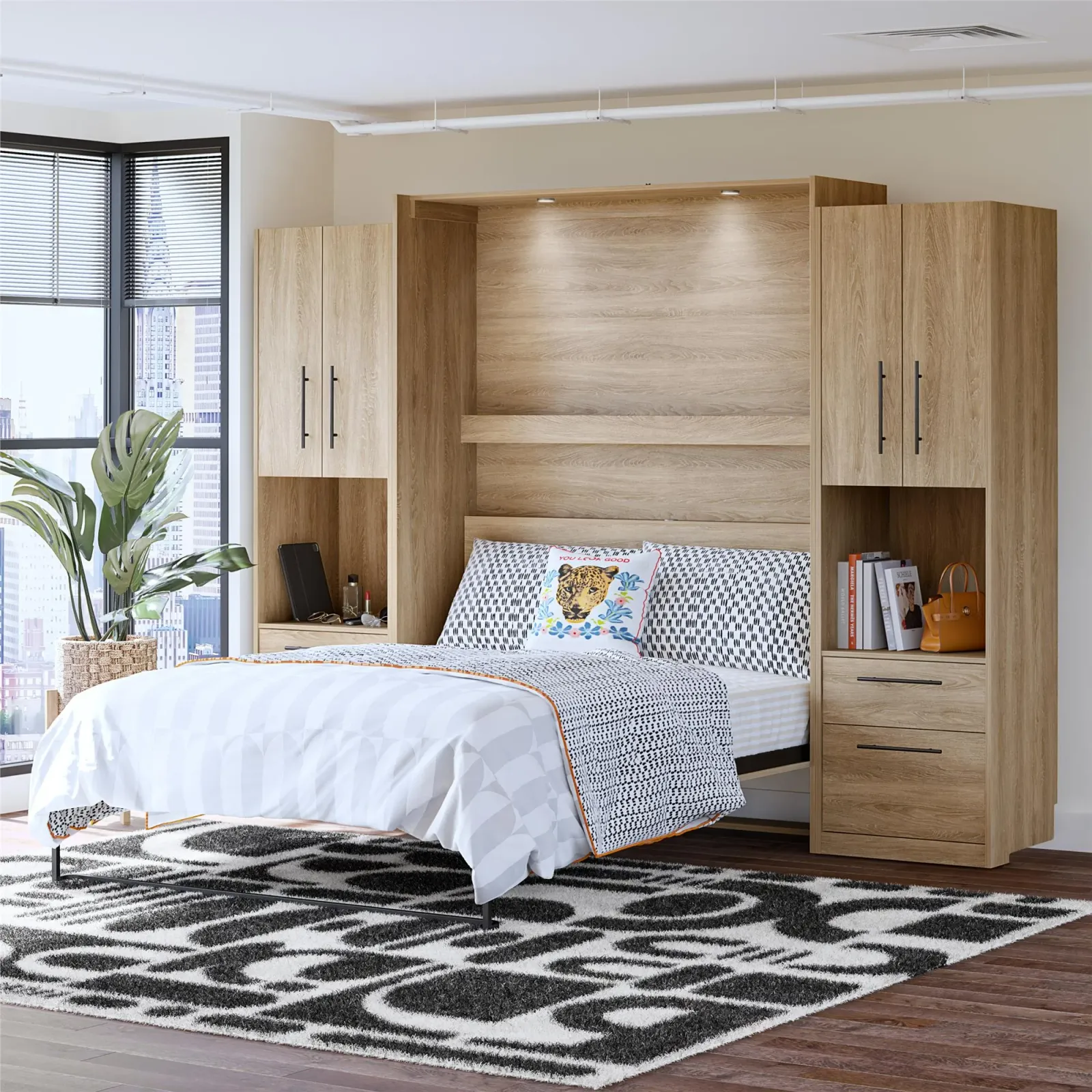 Holly Hills Murphy Bed with 2 Side Wardrobe Storage Cabinets