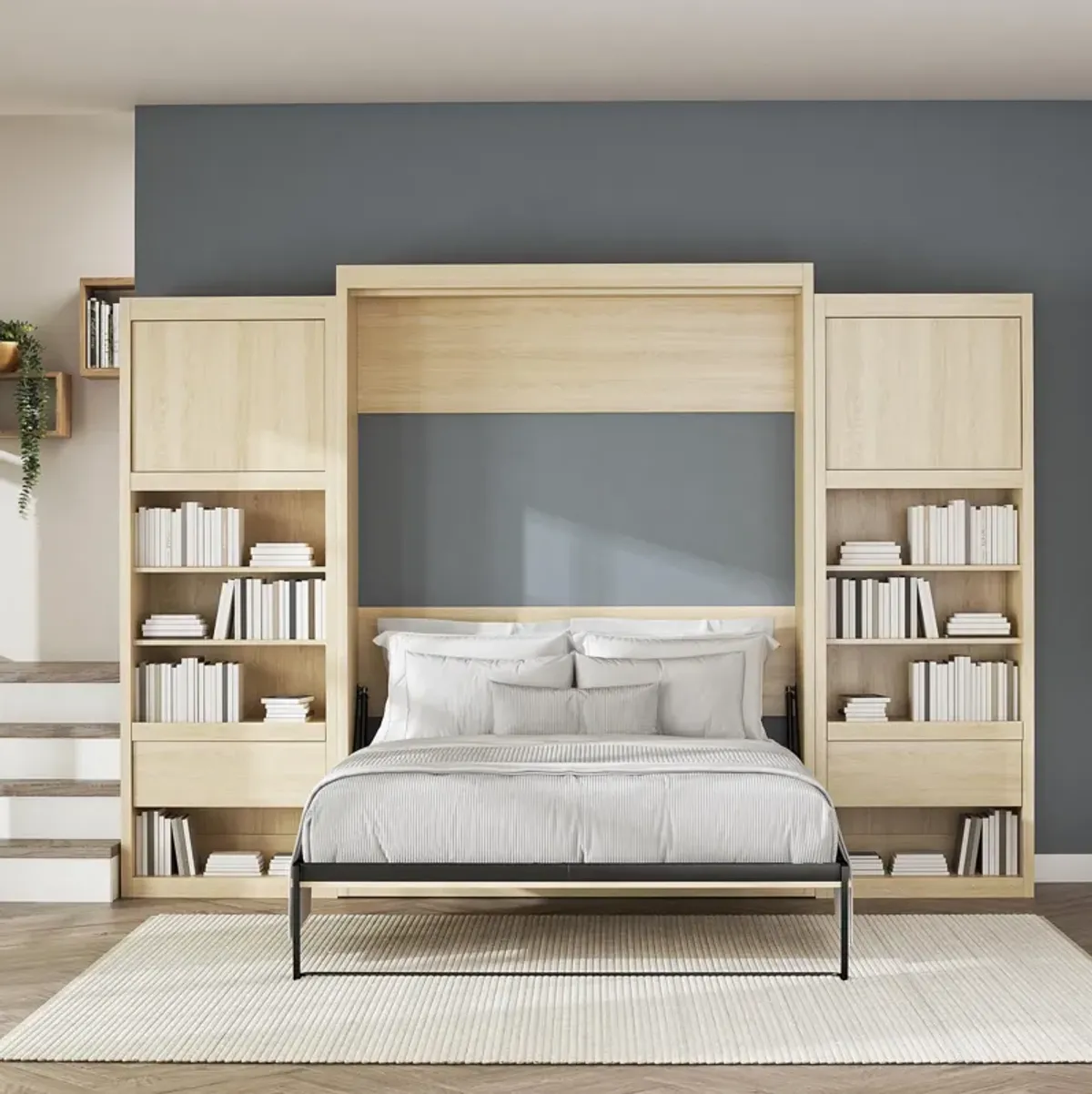 Paramount Murphy Bed with 2 Bedside Bookcase Cabinets & Slide-Out Nightstands