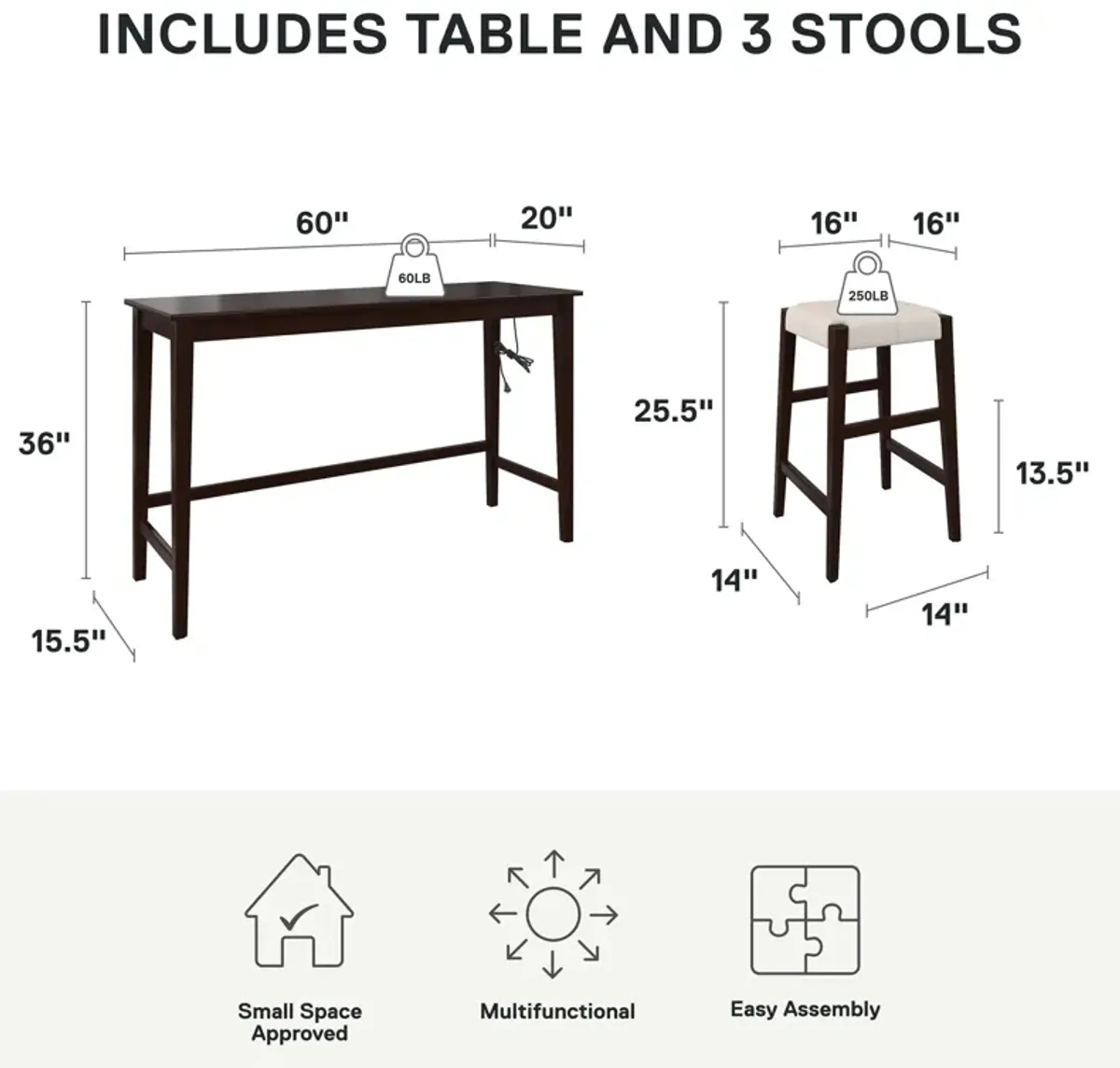 Dallon Sofa Table with 3 Stools and USB Charger