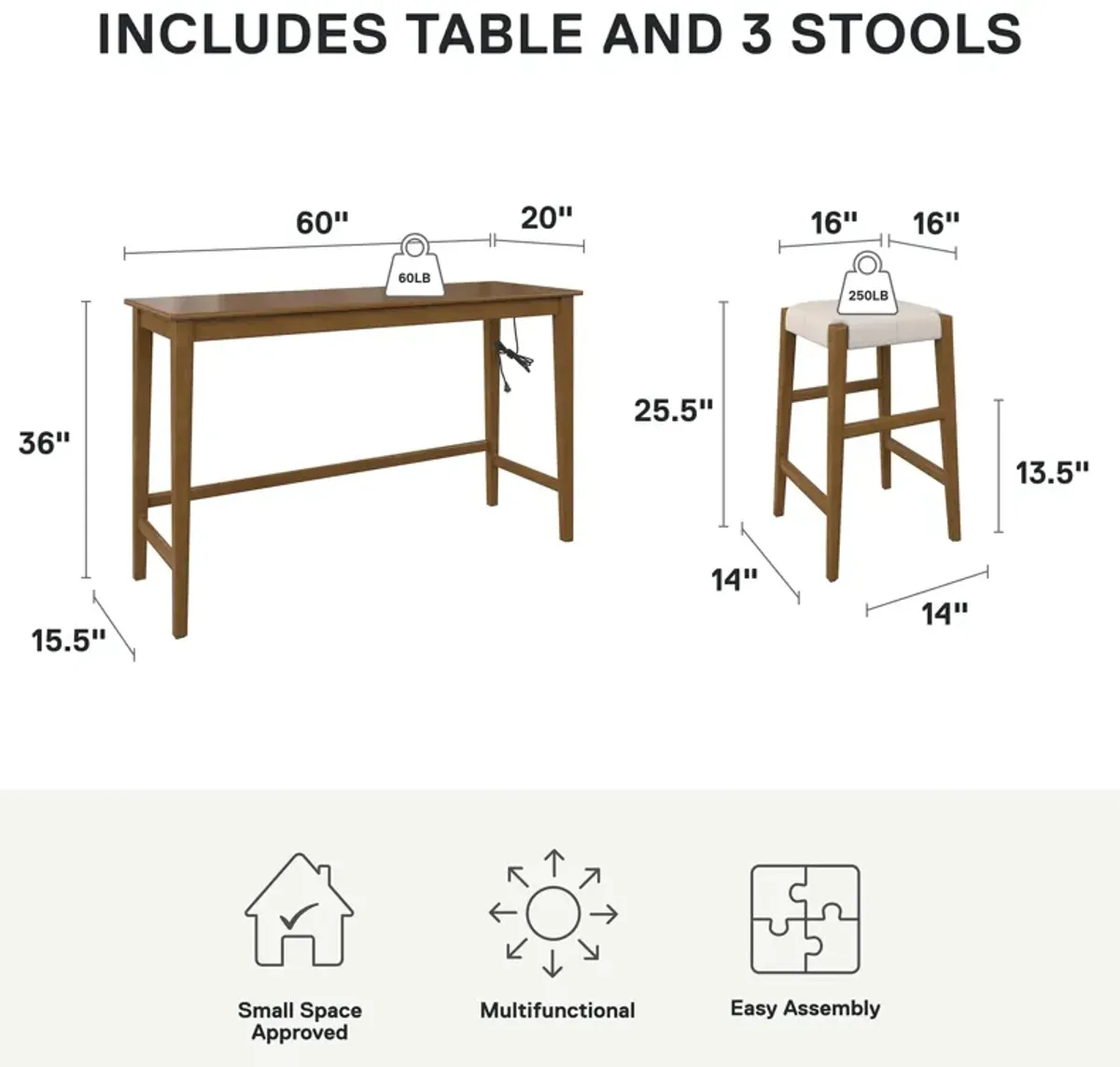 Dallon Sofa Table with 3 Stools and USB Charger