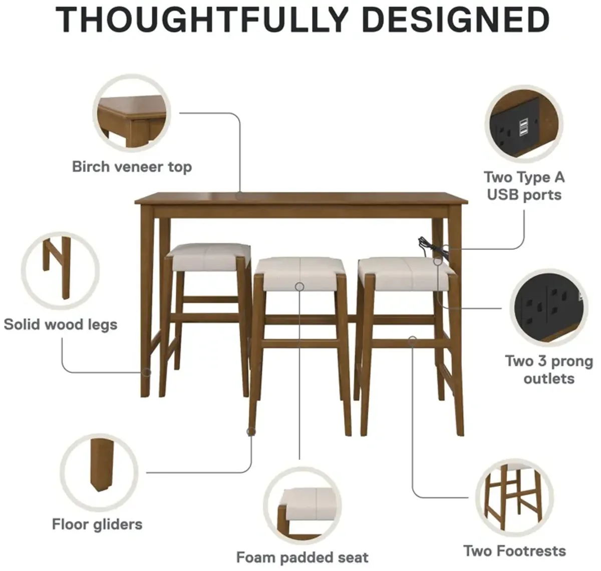 Dallon Sofa Table with 3 Stools and USB Charger