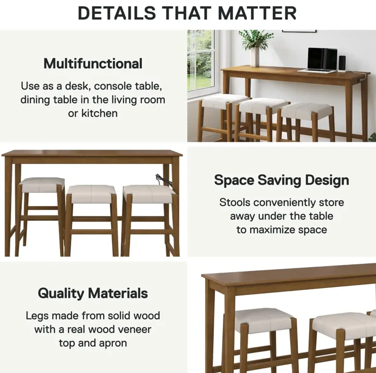 Dallon Sofa Table with 3 Stools and USB Charger