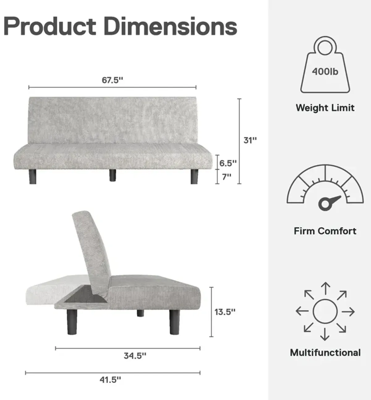 Kelra Armless Mid-Century Futon Sofa Bed