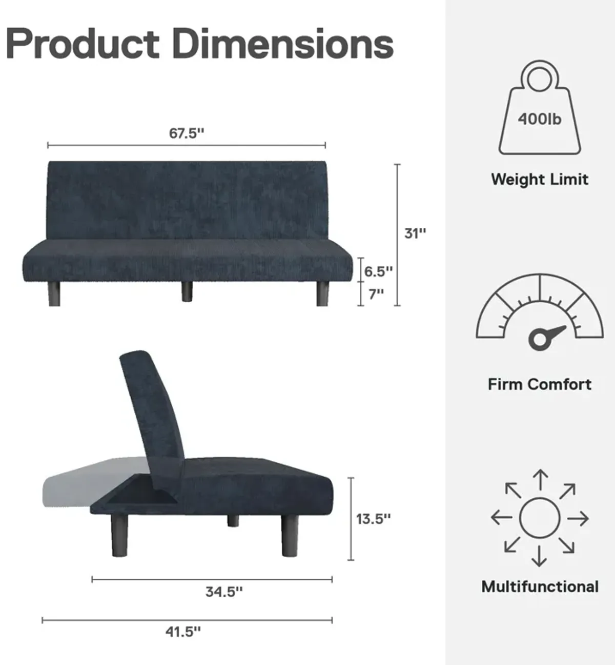 Kelra Armless Mid-Century Futon Sofa Bed