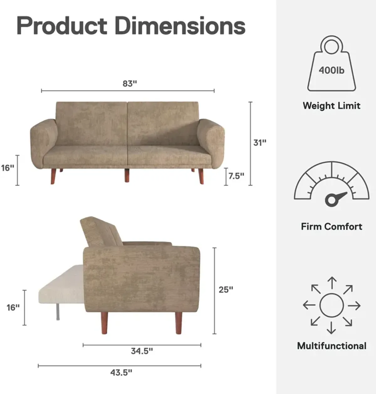 Daylen Mid-Century Futon Sofa Bed