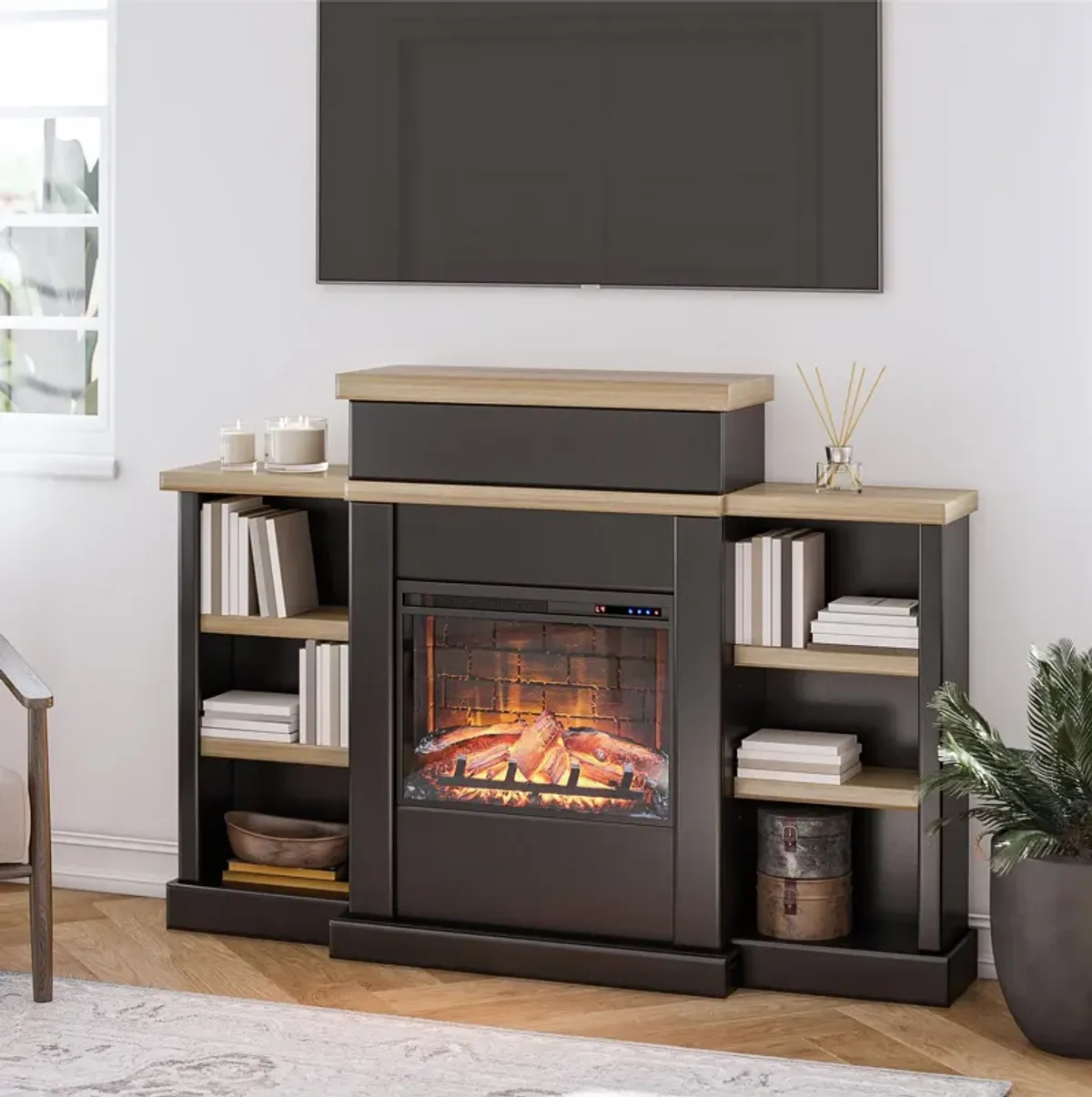 Gateswood Electric Fireplace with Mantel and Bookcase