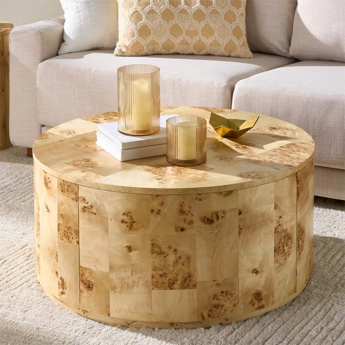 Burlwood Round Wood Veneer Coffee Table