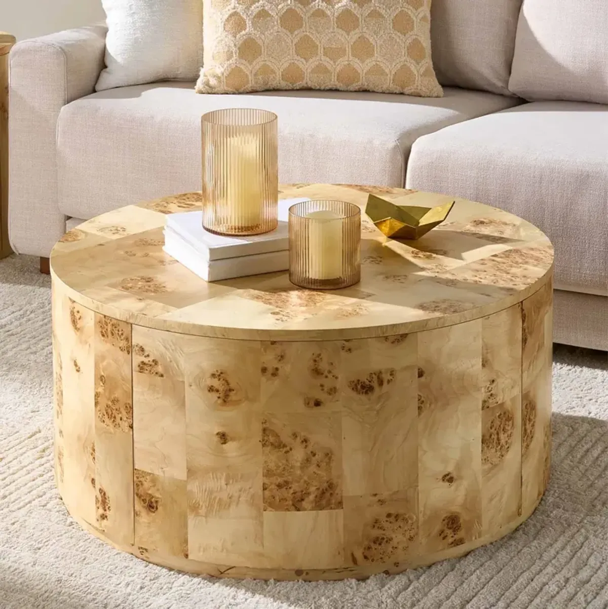 Burlwood Round Wood Veneer Coffee Table