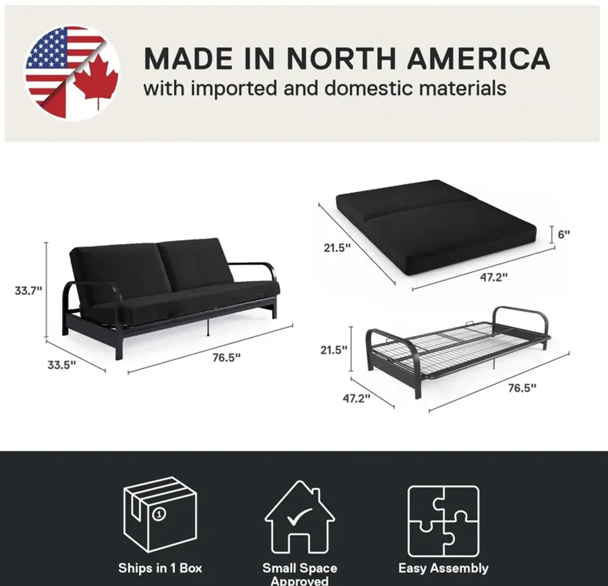 Millie Convertible Metal Frame Futon Sofa with Coil Mattress