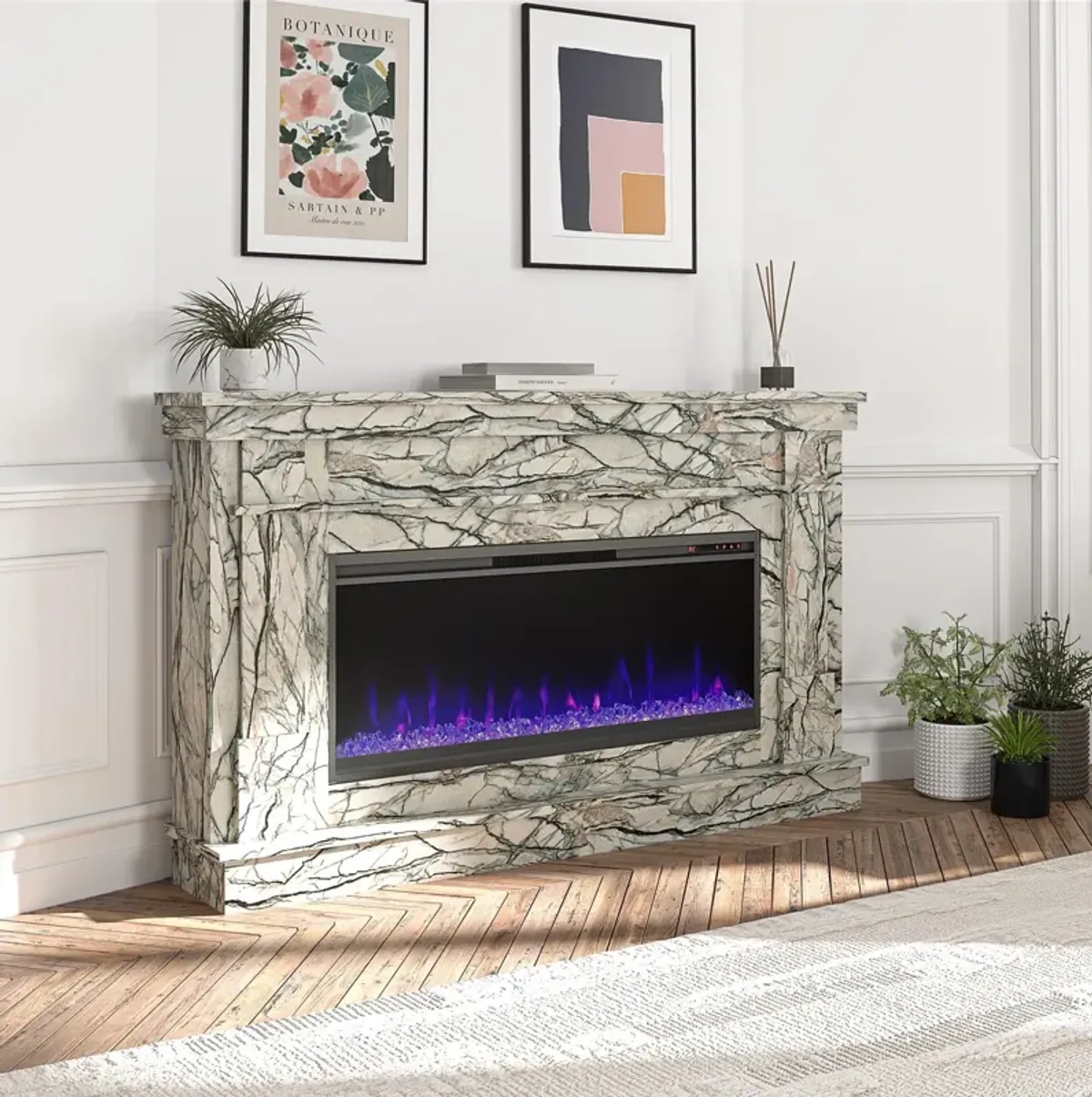 Waverly Wide Mantel with Linear Electric Fireplace & Crystal Ember Bed