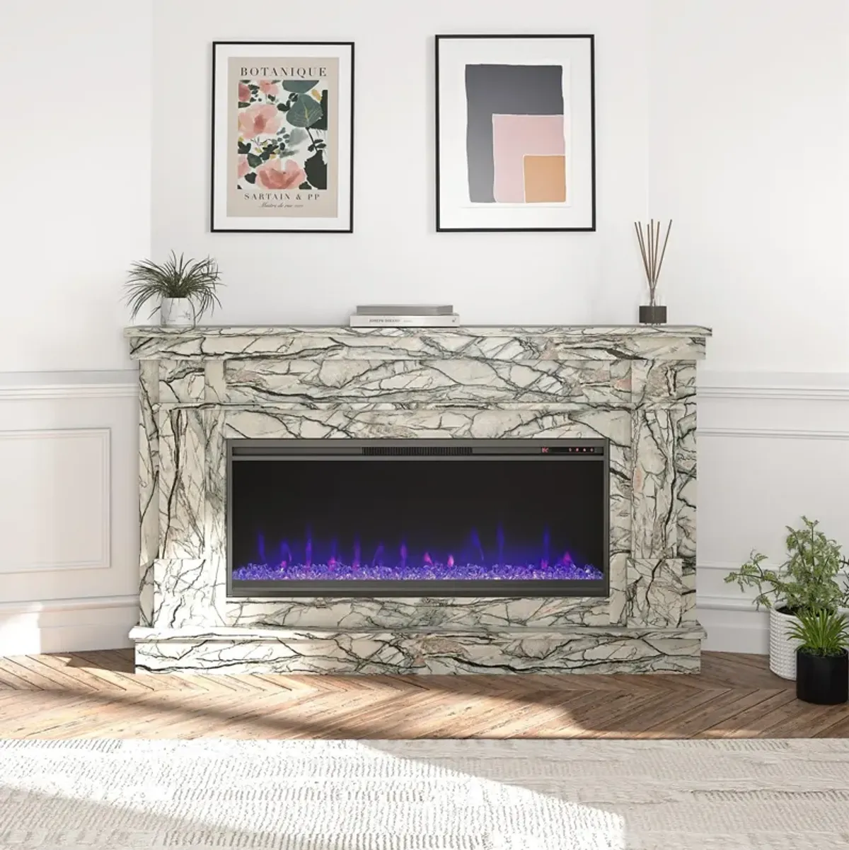 Waverly Wide Mantel with Linear Electric Fireplace & Crystal Ember Bed