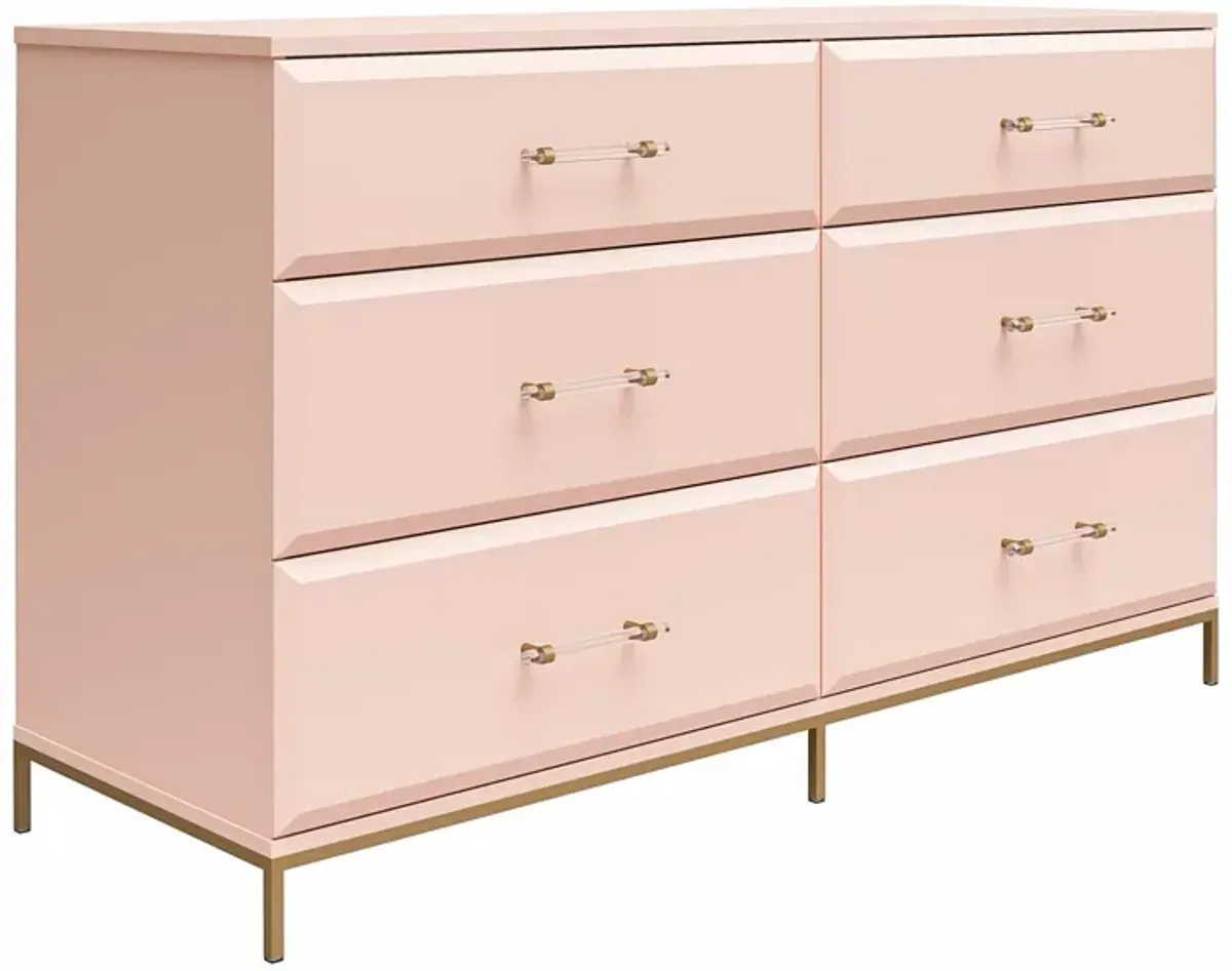 Effie 6 Drawer Dresser with Lucite Gold Pulls and a Gold Metal Legs