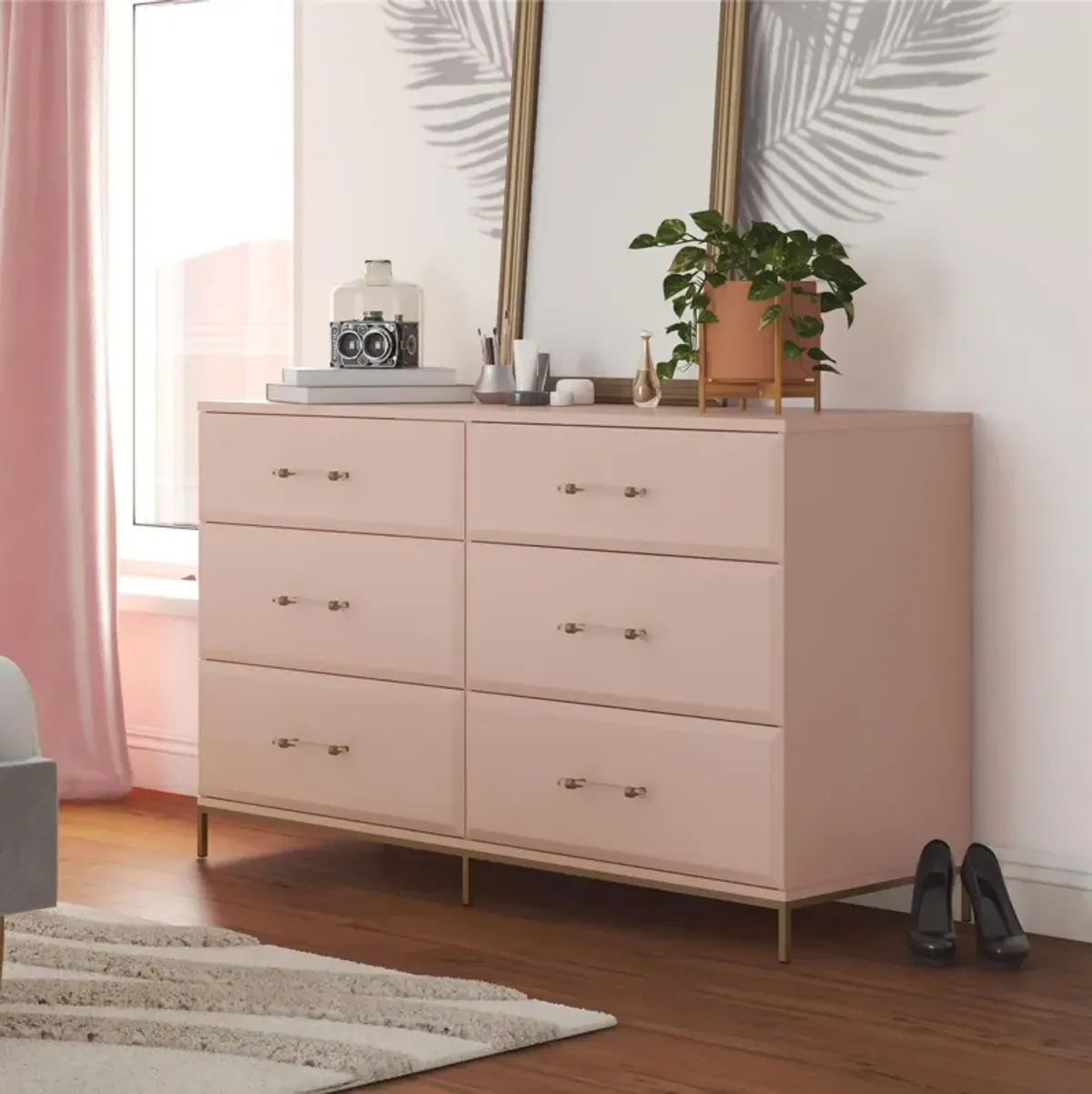 Effie 6 Drawer Dresser with Lucite Gold Pulls and a Gold Metal Legs