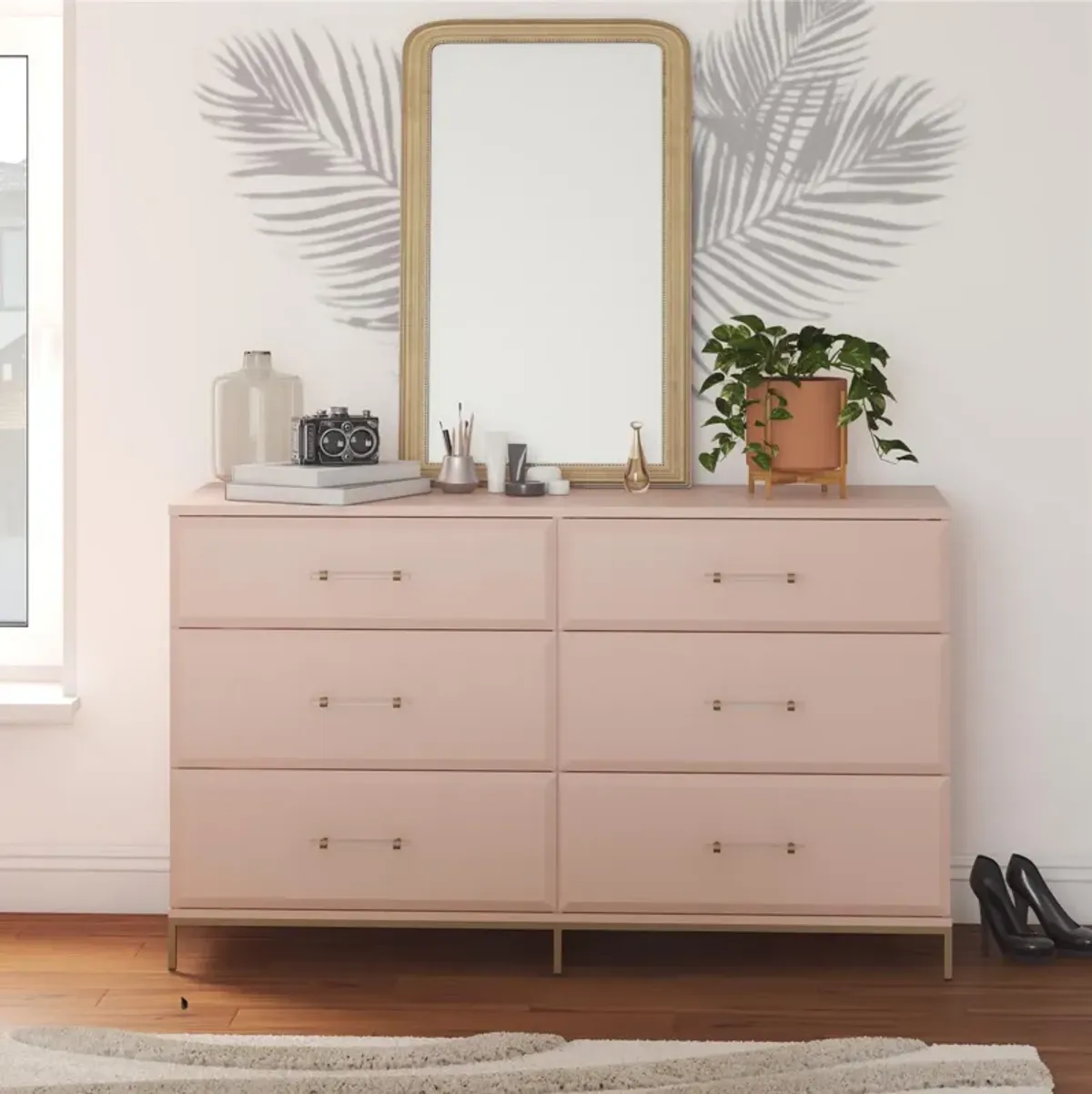 Effie 6 Drawer Dresser with Lucite Gold Pulls and a Gold Metal Legs