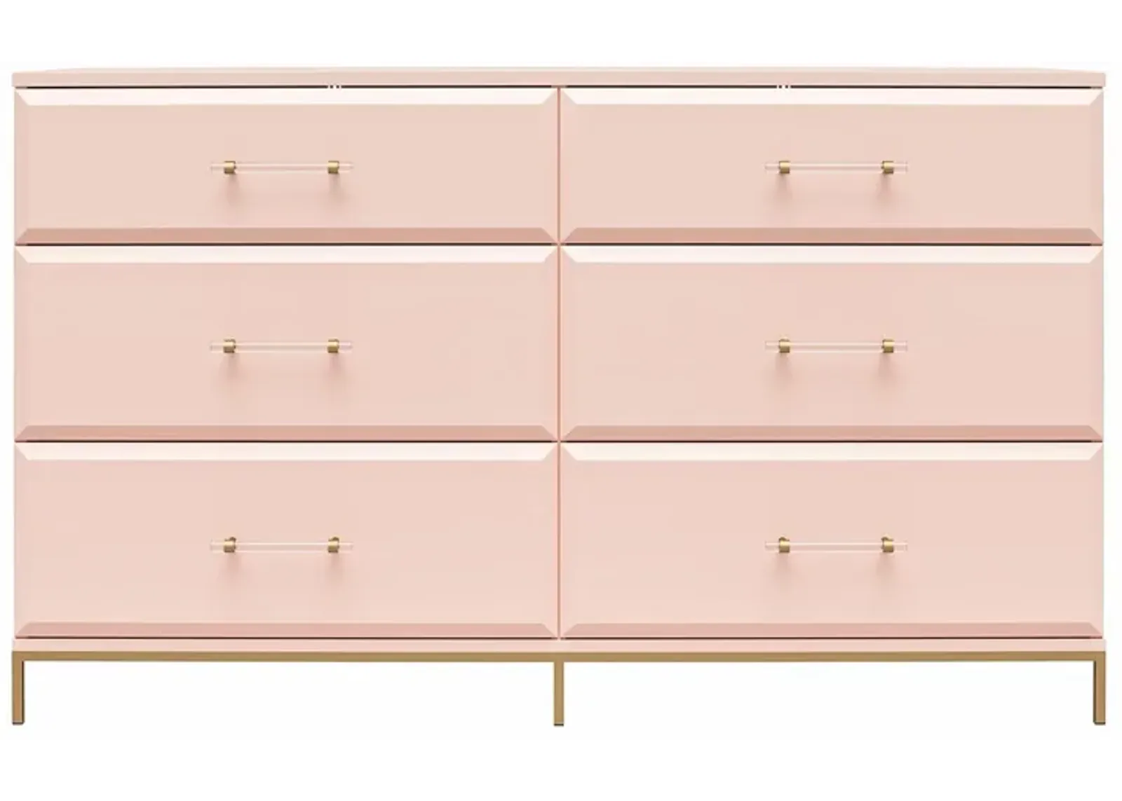 Effie 6 Drawer Dresser with Lucite Gold Pulls and a Gold Metal Legs