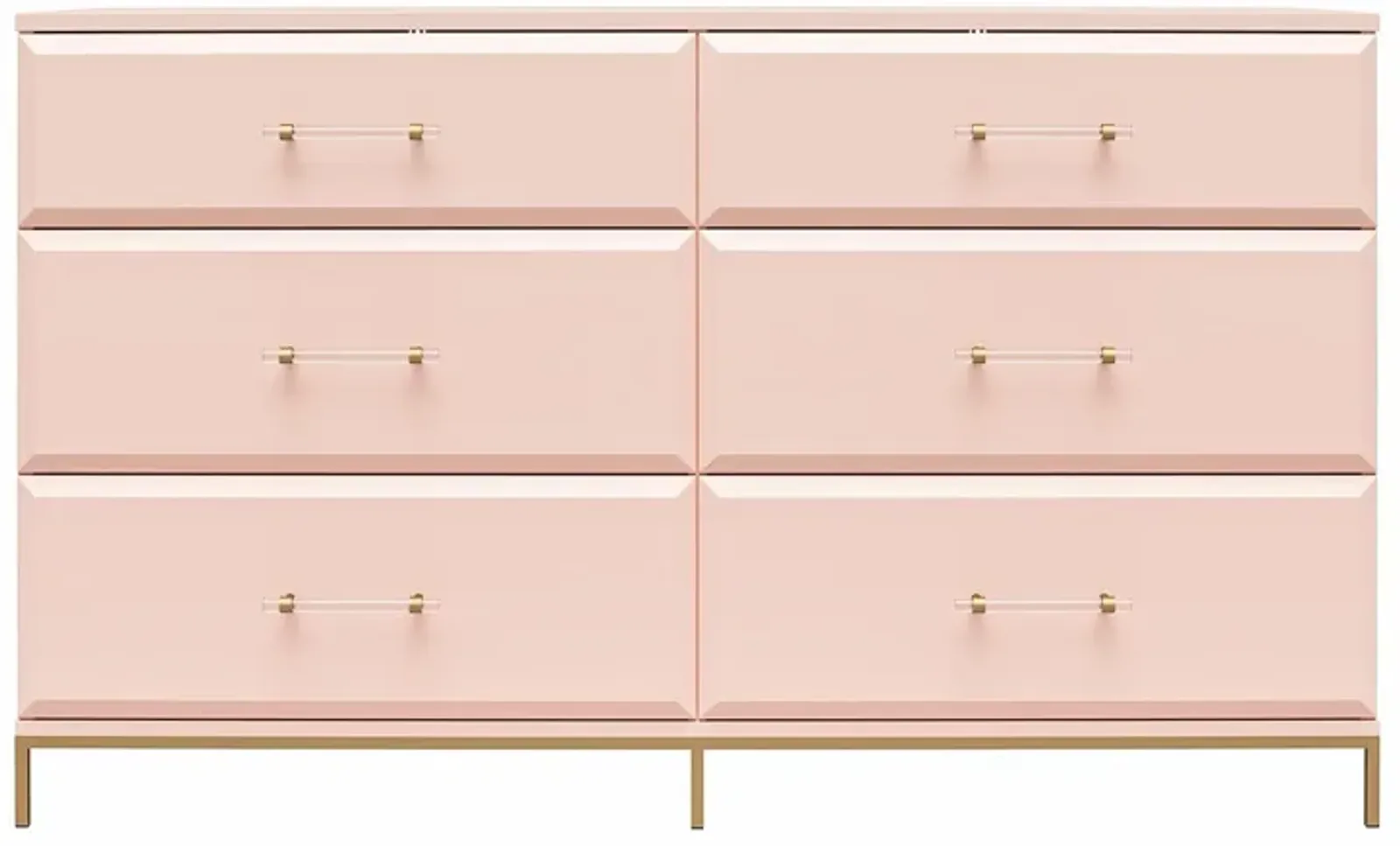 Effie 6 Drawer Dresser with Lucite Gold Pulls and a Gold Metal Legs