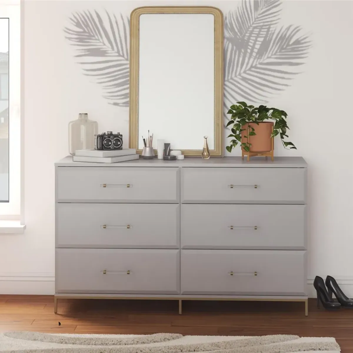 Effie 6 Drawer Dresser with Lucite Gold Pulls and a Gold Metal Legs