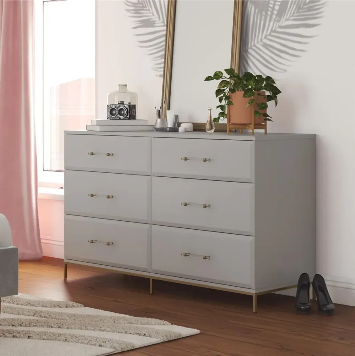 Effie 6 Drawer Dresser with Lucite Gold Pulls and a Gold Metal Legs