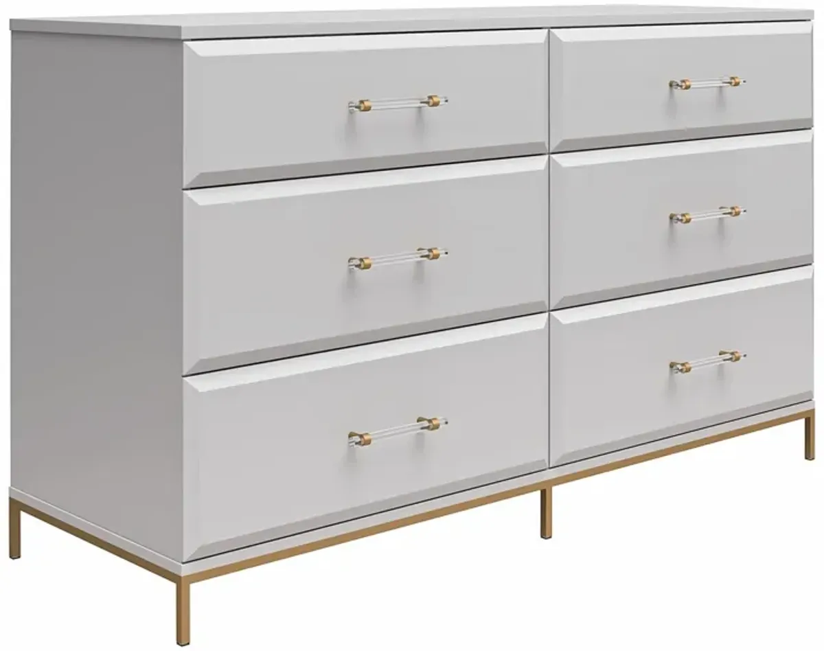 Effie 6 Drawer Dresser with Lucite Gold Pulls and a Gold Metal Legs