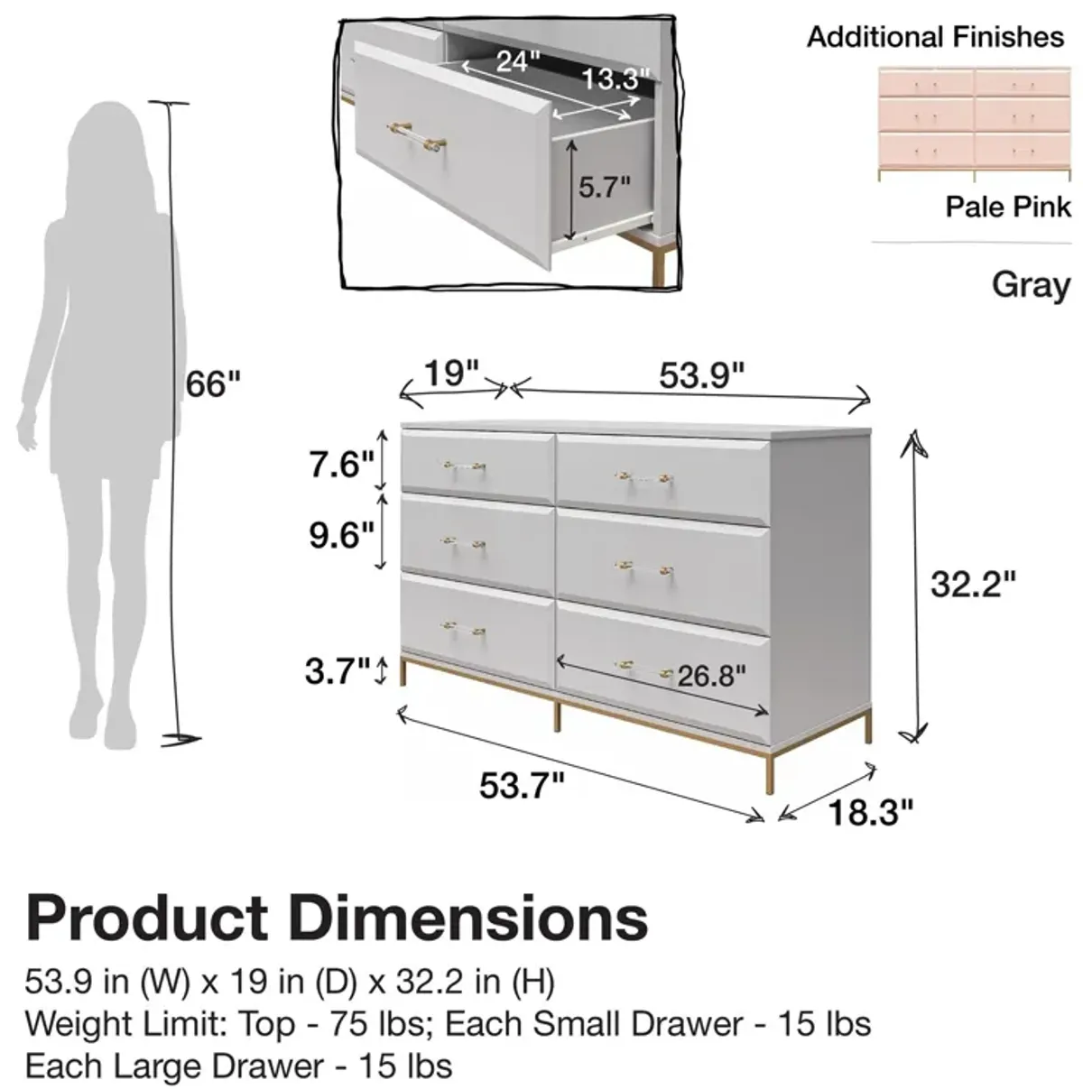 Effie 6 Drawer Dresser with Lucite Gold Pulls and a Gold Metal Legs