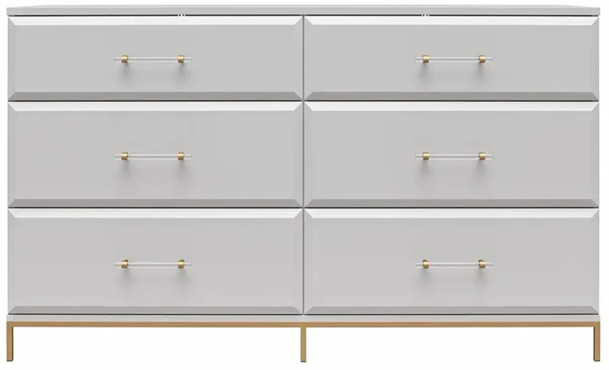 Effie 6 Drawer Dresser with Lucite Gold Pulls and a Gold Metal Legs