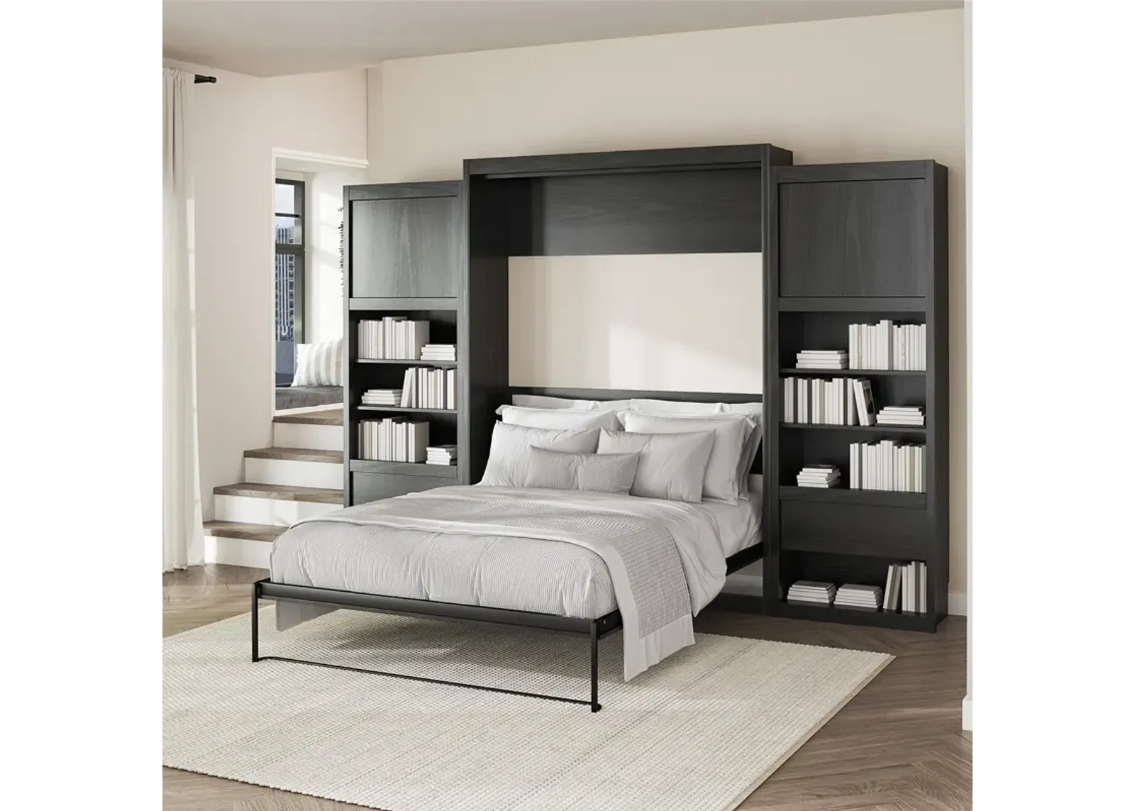 Paramount Queen Murphy Bed with 2 Side Cabinets and 8" Memory Foam Mattress