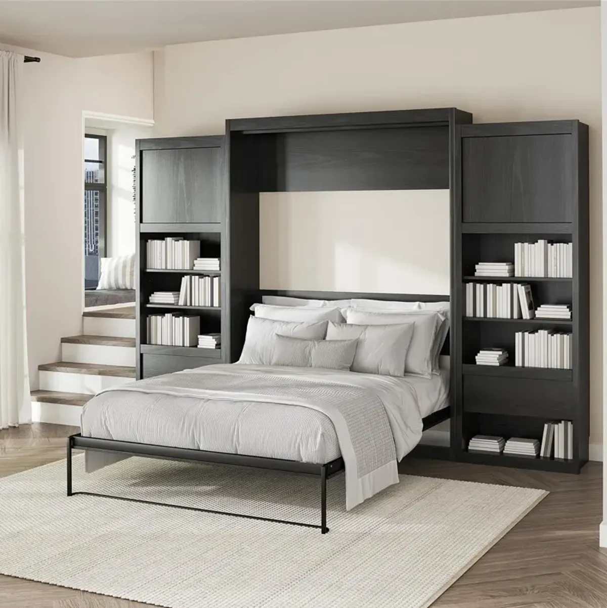 Paramount Queen Murphy Bed with 2 Side Cabinets and 8" Memory Foam Mattress