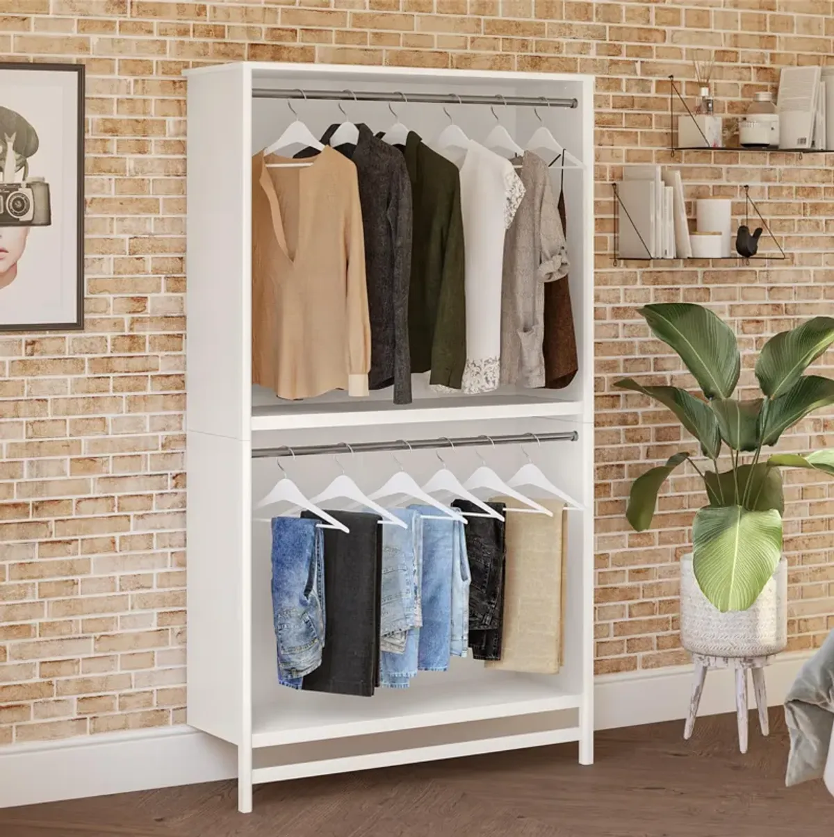 Luxe Extra Wide 2 Shelf Double Clothing Rod Closet Tower