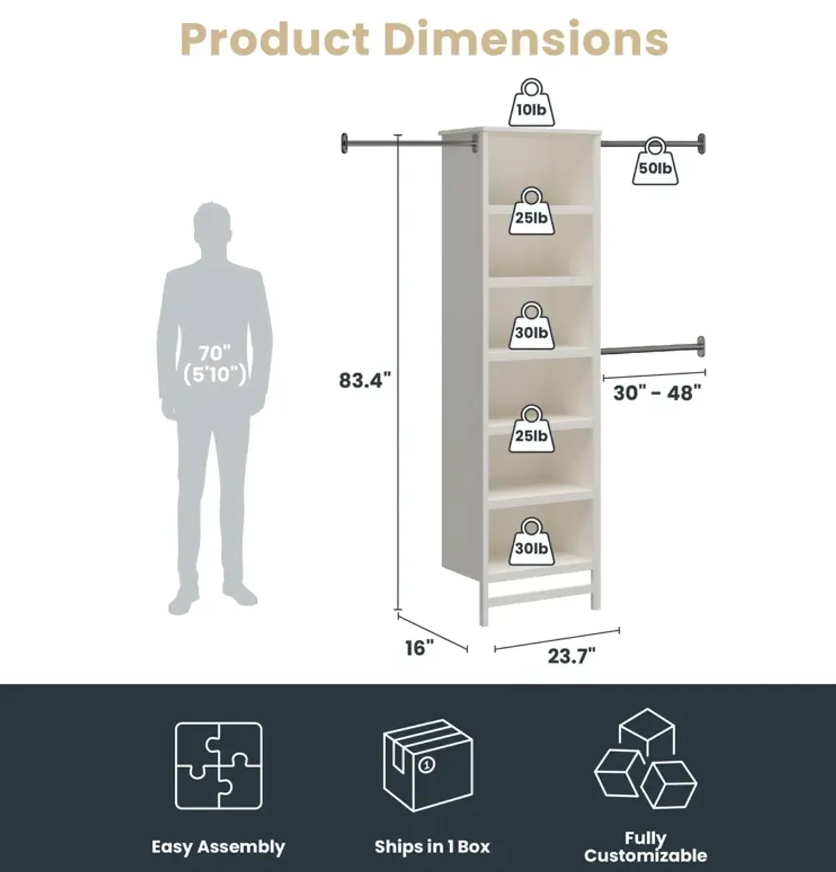 Luxe 6 Shelf Closet Tower with 3 Adjustable Clothing Rods