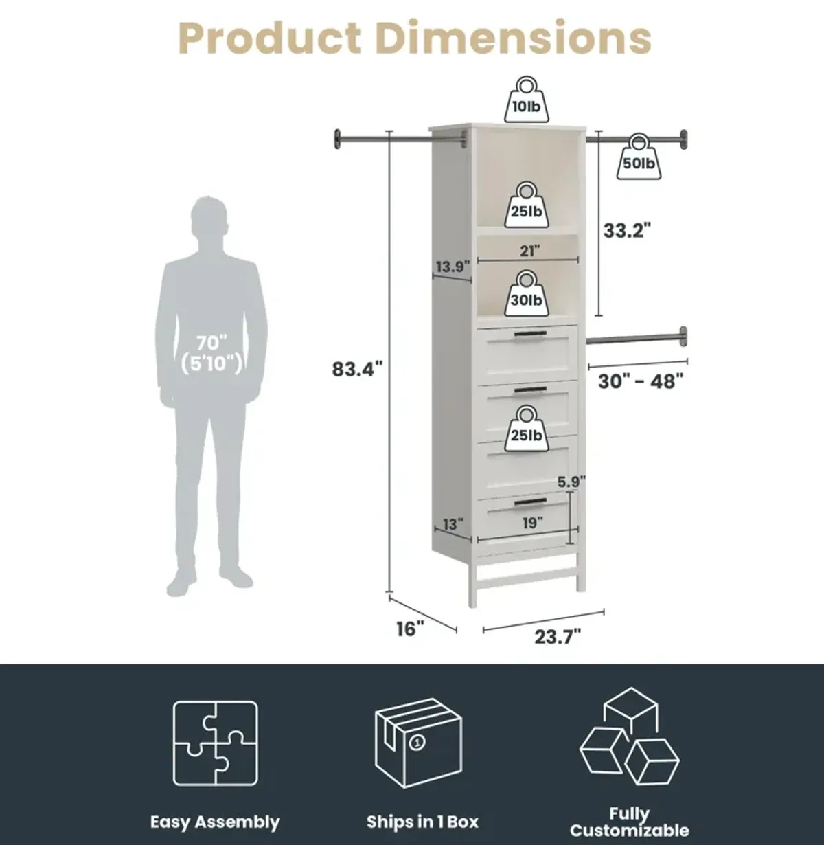 Luxe 4 Drawers and 3 Adjustable Clothing Rod Closet Tower