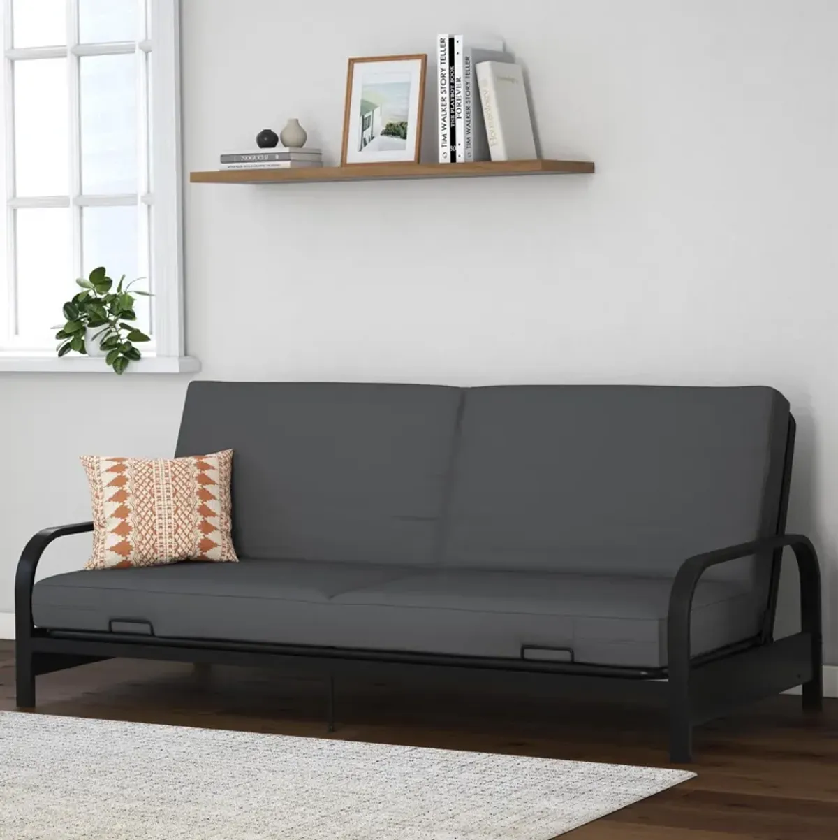 Elbern Black Metal Arm Futon Frame with Tan Linen Slipcover