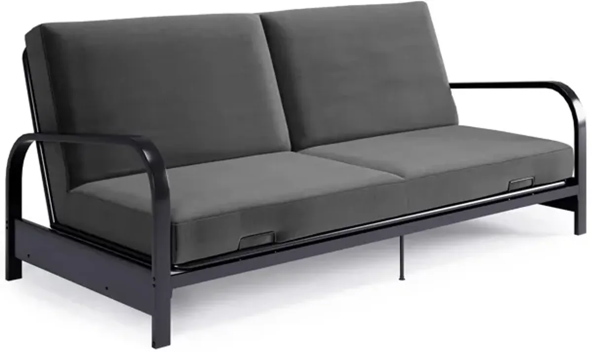 Elbern Black Metal Arm Futon Frame with Tan Linen Slipcover