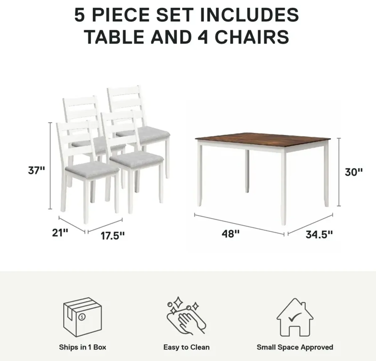 DHP Reila 5-Piece Wood Dining Room Table Set for 4, White/Walnut