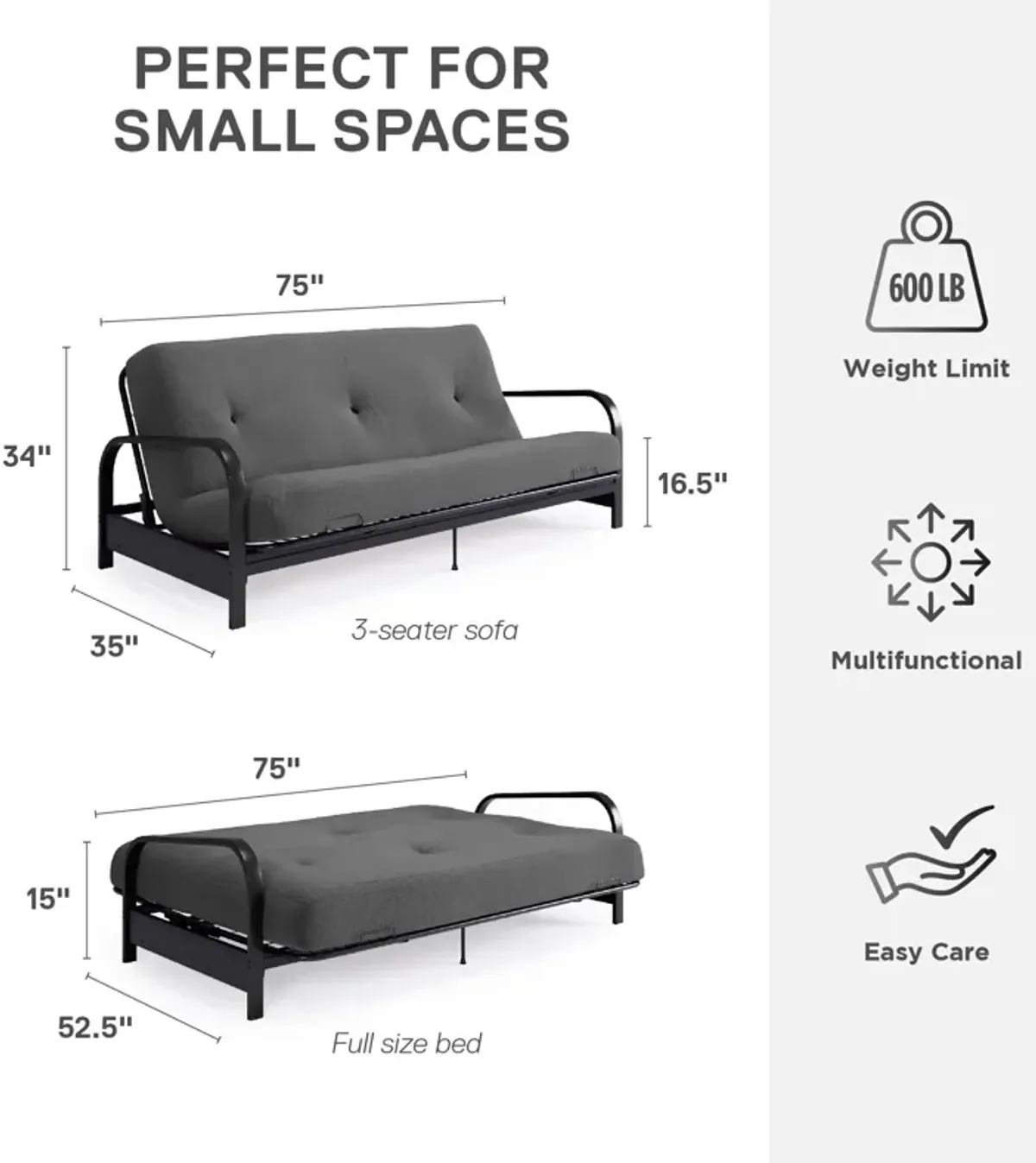 Cleo Black Metal Arm Full Size Futon Frame