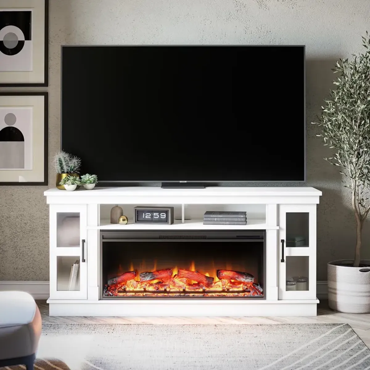 Elmcroft Wide TV Console with Electric Fireplace Insert for 75" TVs