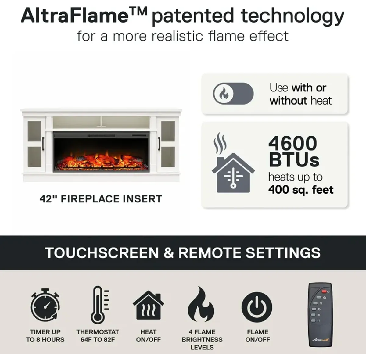 Elmcroft Wide TV Console with Electric Fireplace Insert for 75" TVs