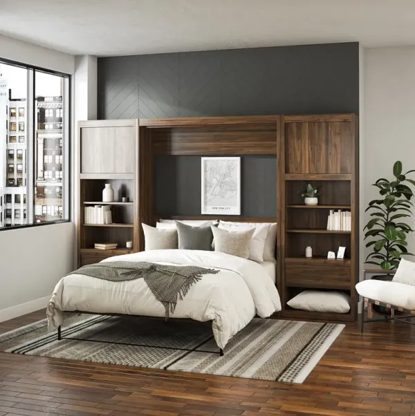 Paramount Queen Murphy Bed with 2 Bedside Bookcase Cabinets & Slide-Out Nightstands