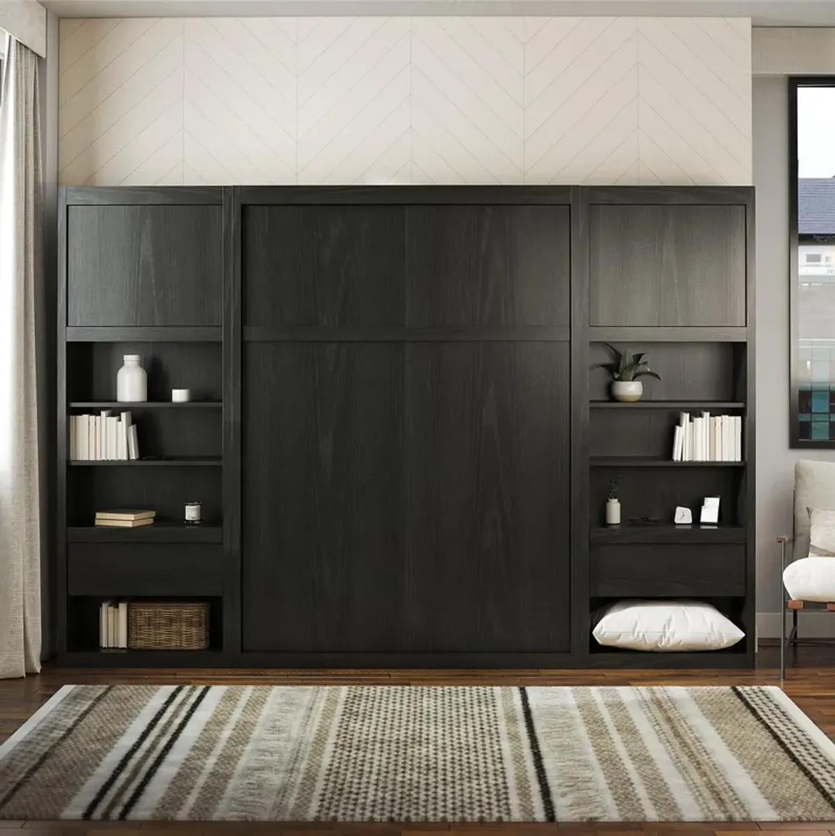 Paramount Murphy Bed with 2 Bedside Bookcase Cabinets & Slide-Out Nightstands