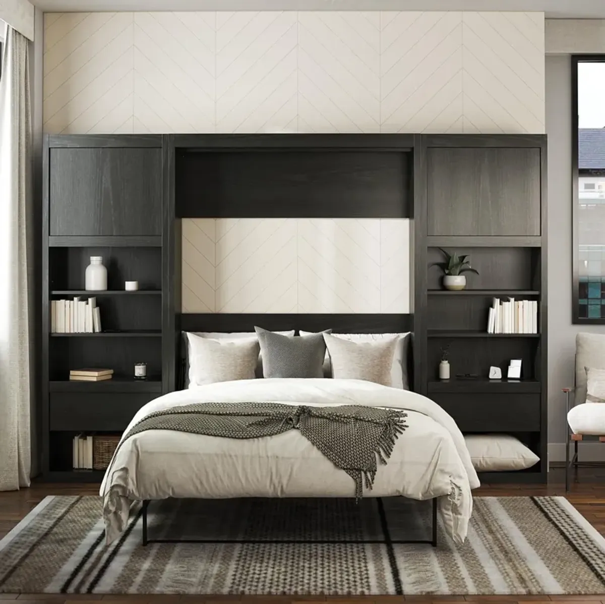 Paramount Murphy Bed with 2 Bedside Bookcase Cabinets & Slide-Out Nightstands